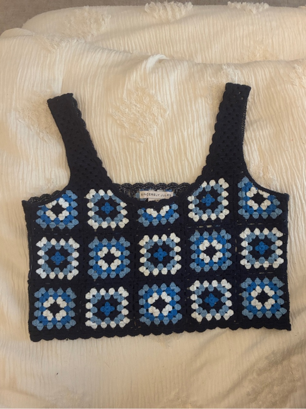 Sincerely Jules Navy Blue Crochet Square Crop Tank